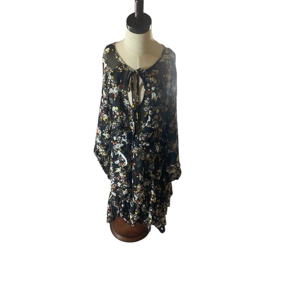 Nordstrom Black Floral Sheer Ruffle Mini Dress NWT Long Sleeve Size Small - Picture 4 of 11
